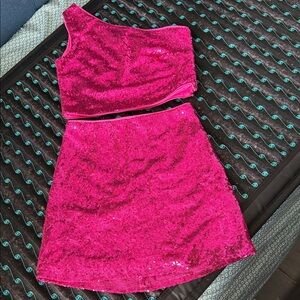Pink Sequin One-Shoulder Top and Skirt Set